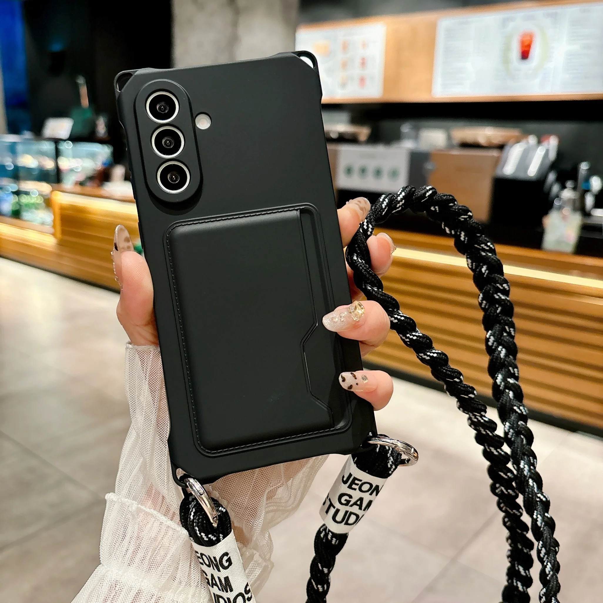 Braided Crossbody Strap Lanyard Phone Case with Edge Card Bag and Silicone Cover
