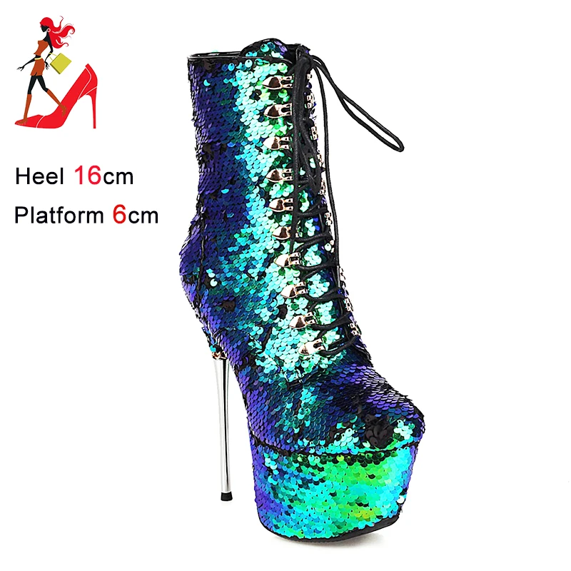 

Fashion Women Platform Ankle Boots Shiny Sequin High Heels Gothic Style Party Club Female Shoes High Quality Pole Dancing Boots
