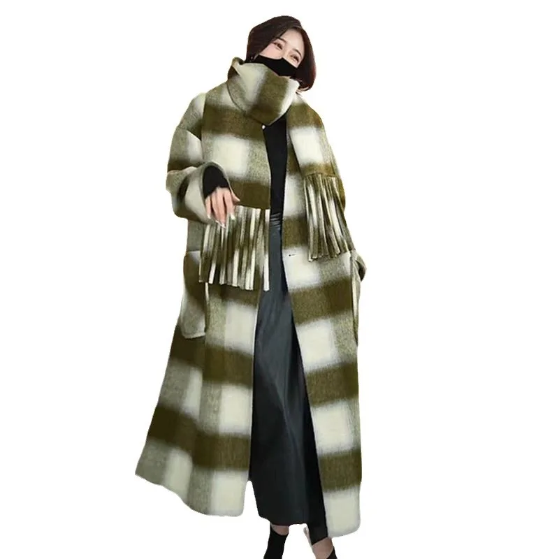 

Women Autumn Checks And Plaids Coats with Scarf Fashion Winter Long Sleeve Female Cardigan Elegant Double Sided Chic Streetwear