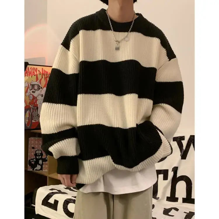 

Korean Style Fashion Personalized Hip Hop Stripe Round Neck Sweater Men Autumn and Winter Loose Couple Casual Lazy Top y2k