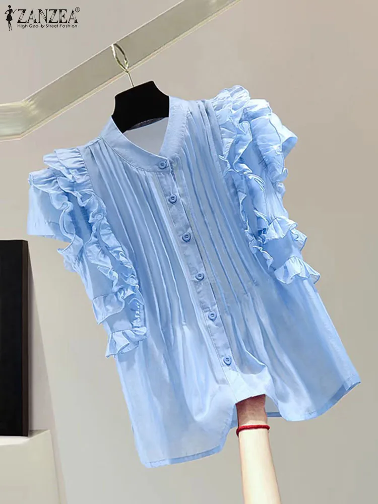 

Блузка ZANZEA Женская с воротником с лацканами, Элегантная модная майка с оборками в Корейском стиле, Офисная рубашка без рукавов, винтажный Топ, лето 2024
