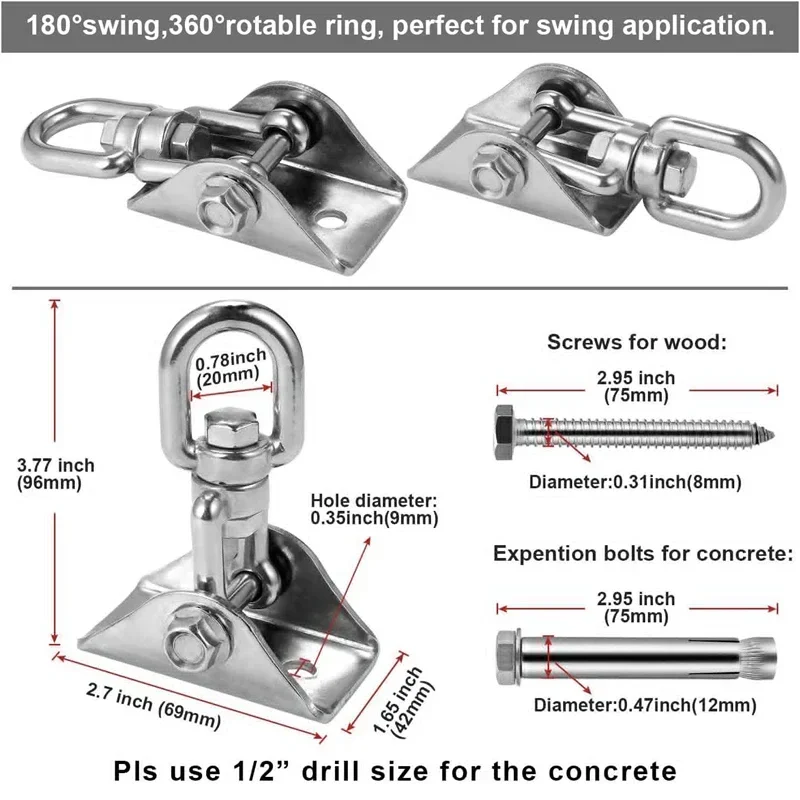 SUS304 Heavy Duty Punch Bag Swing Swivel Hangers Hook for Outdoor Patio Yoga Hammock Hanging Chair Sandbag 360&deg; Rotating Black