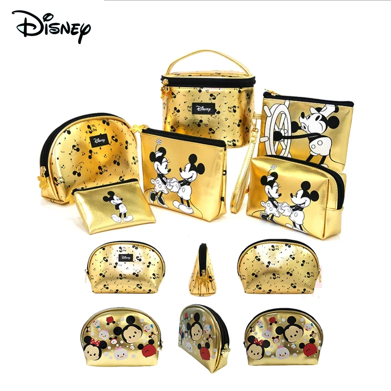 Disney Genuine Mickey Minnie Cosmetic Bag Women's Hand Bag Cartoon Creative Retro Zip Storage Pack PU Makeup Bag Coin Purse