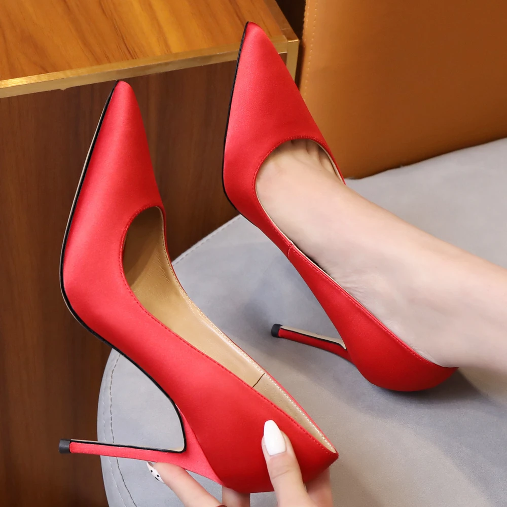 

Женские шелковые туфли-лодочки без застежек, с острым носком, на высоком каблуке, большие размеры 33-43, B004, сезон осень-весна 2022