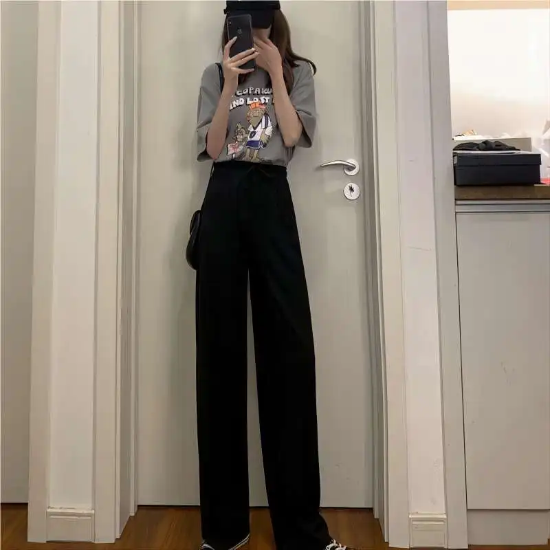 Spring Ice Silk Urban Casual High Waist Trousers easiest for match Wide Leg Pants straight-leg Korean Style loose Pants