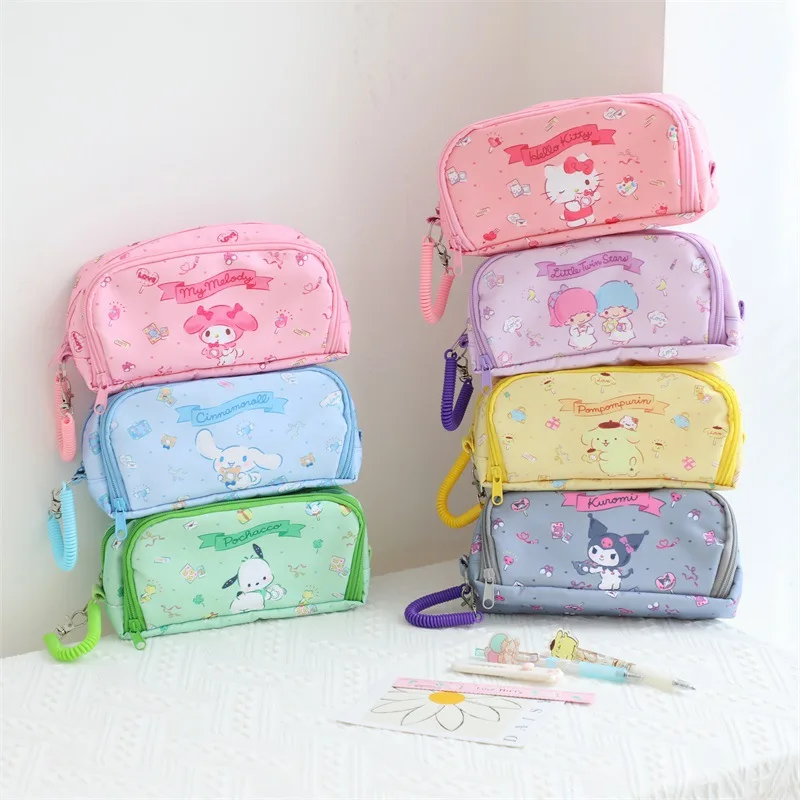 

Кавайный карандаш Sanri с рисунком коричного цвета Kuromi Hello Kitty, двухслойные канцелярские принадлежности для студентов, вместительная косметичка, подарок