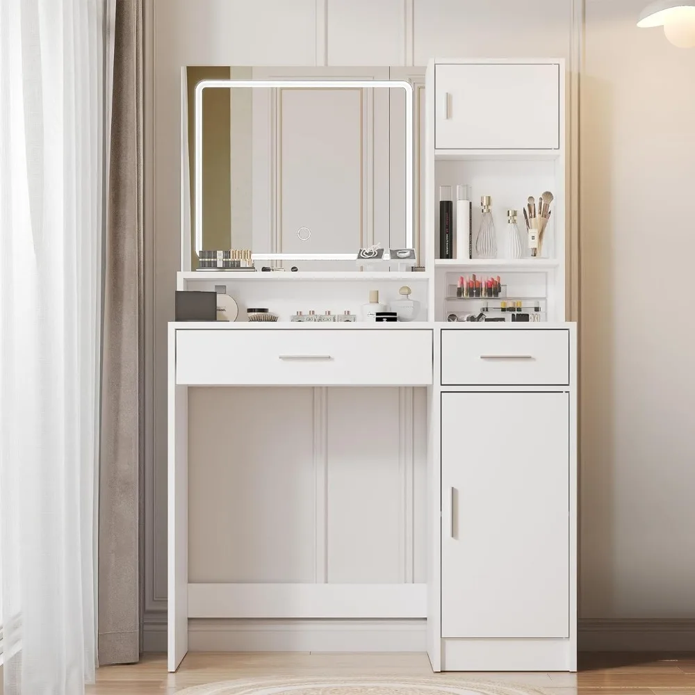 

Vanity Desk with Mirror and LED Light Strip,with Dressing Table,3 Level Storage Dresser 3 Lighting Modes Adjustable Brightness