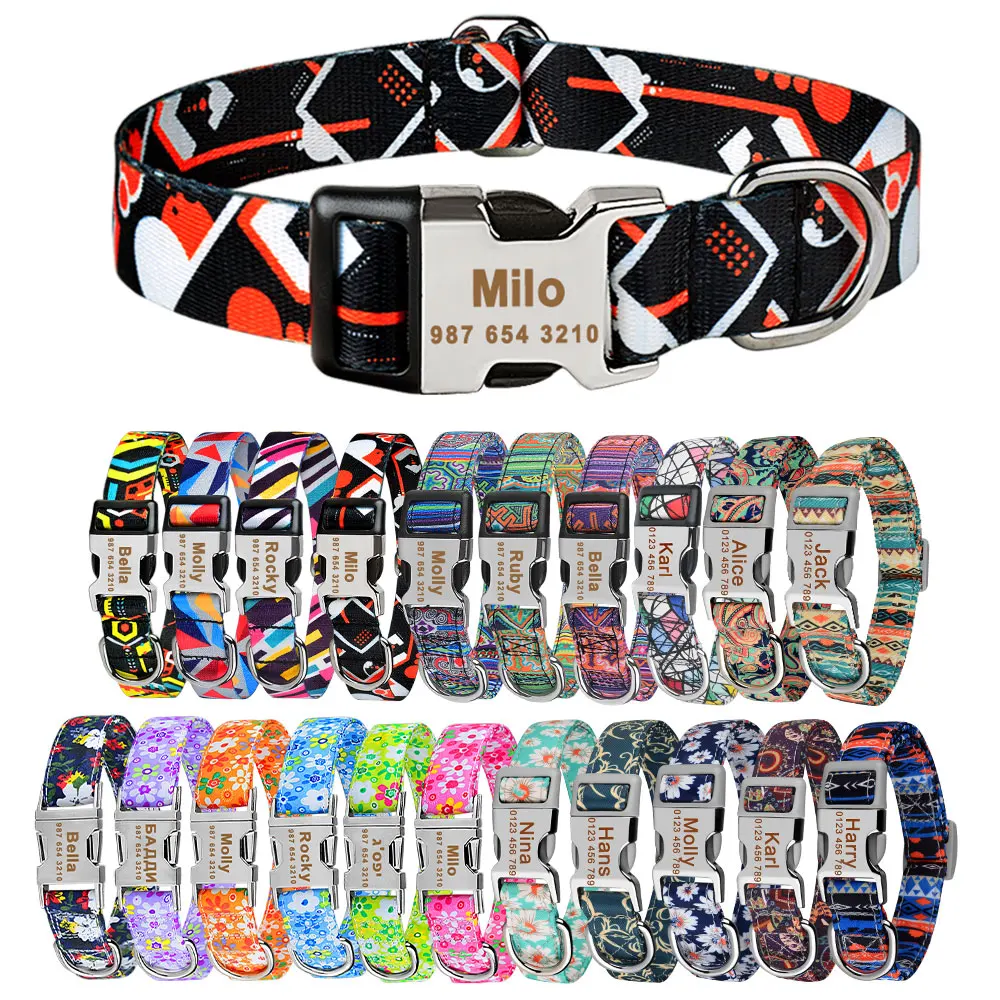 Adjustable Nylon Plaid Unisex Dog Collar Personalized Dog Collar Custom Free Engraved Name ID Tag Small Large Product dog collar pet collar