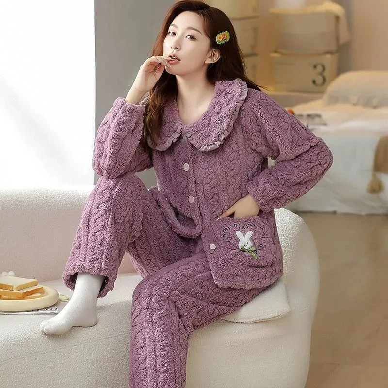 Winter New Female Pajamas Women Coral Fleece Warm Thickened Nightclothes Two Pieces Cartoon Flannel Outwear Casual Homewear Set