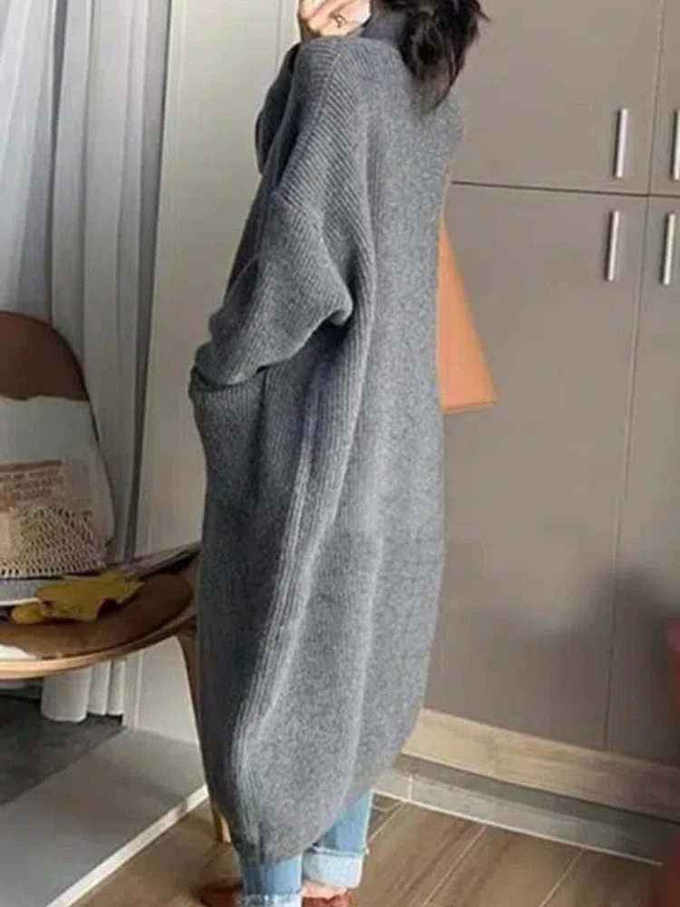 High Neck Sweater Women's Single Breasted Solid Color Long Sleeved Knitted Cardigan Mid Length Jacket Women's Spring and Autumn