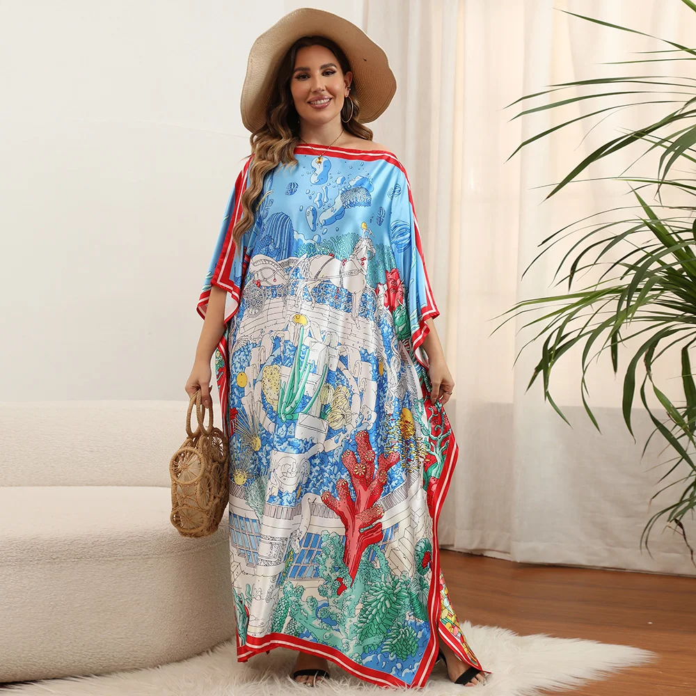 

Abaya for Women Dubai Muslin 2023 Large Loose Robe Bohemian Dress Cover Up O-neck Beach Print Robe Fashion Women Clothing