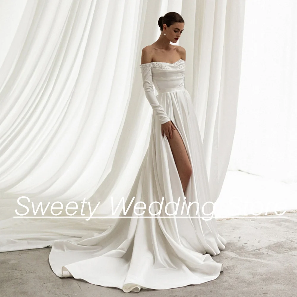Wedding Dress 2024 New Arrival Long Sleeves Boat Neck Pearl Slit Satin Bridal Gown Court Train A Line Bride Dresses for Woman 3