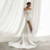 Wedding Dress 2024 New Arrival Long Sleeves Boat Neck Pearl Slit Satin Bridal Gown Court Train A Line Bride Dresses for Woman 3