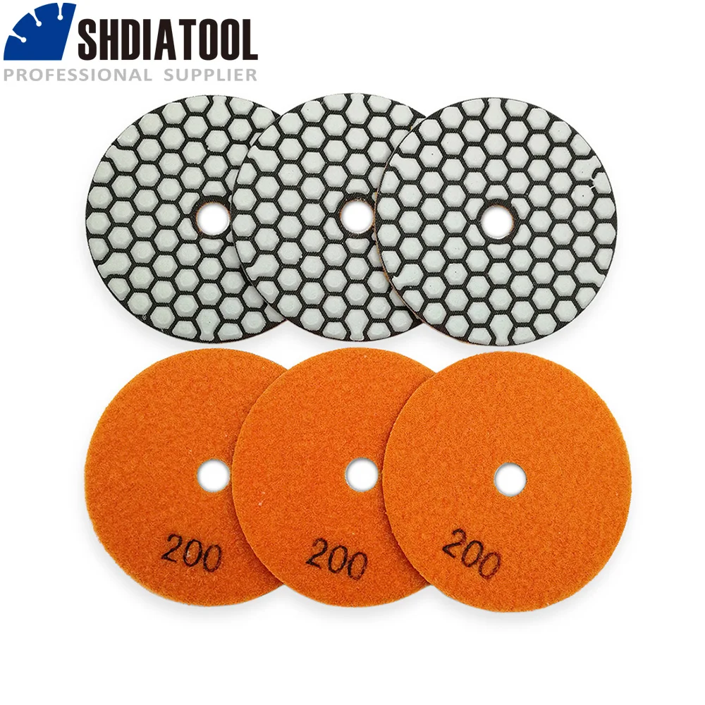 SHDIATOOL 6pcs 100mm #200 Dry Diamond Polishing Pads Dia 4inch Resin Bond Diamond Flexible sanding disc for granite & marble shdiatool 5pcs 1500 100mm diamond flexible wet polishing pads for granite terrazzo marble 4inch sanding discs