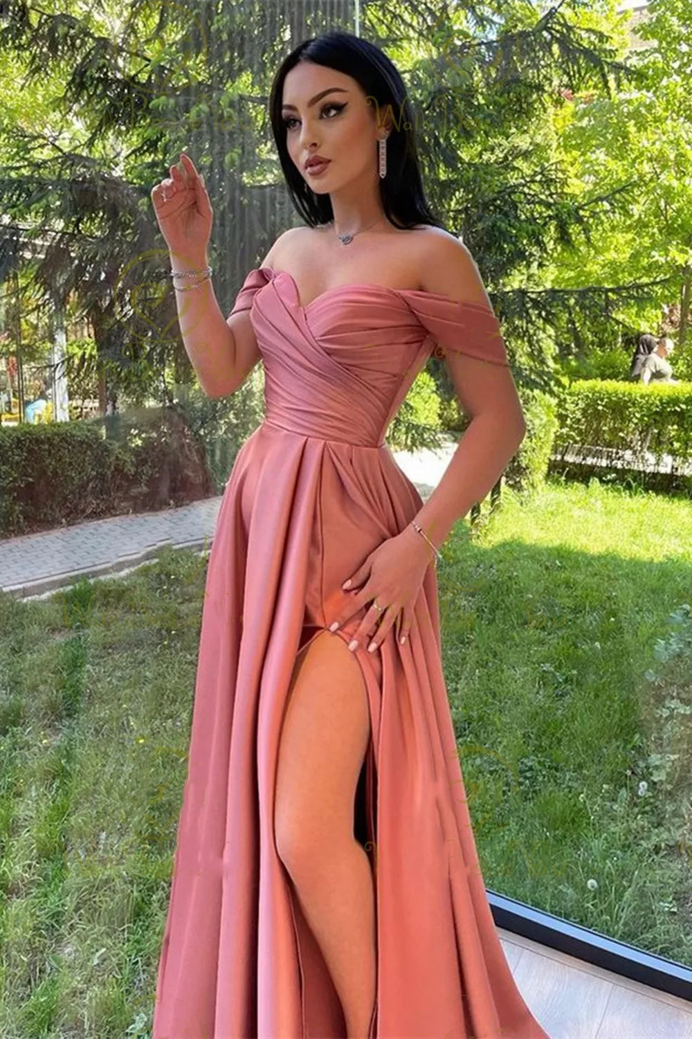 Brown Evening Dresses Satin Off Shoulder Sweetheart A Line with Slit Long Women Simple Prom Gowns Custom made color and size 3