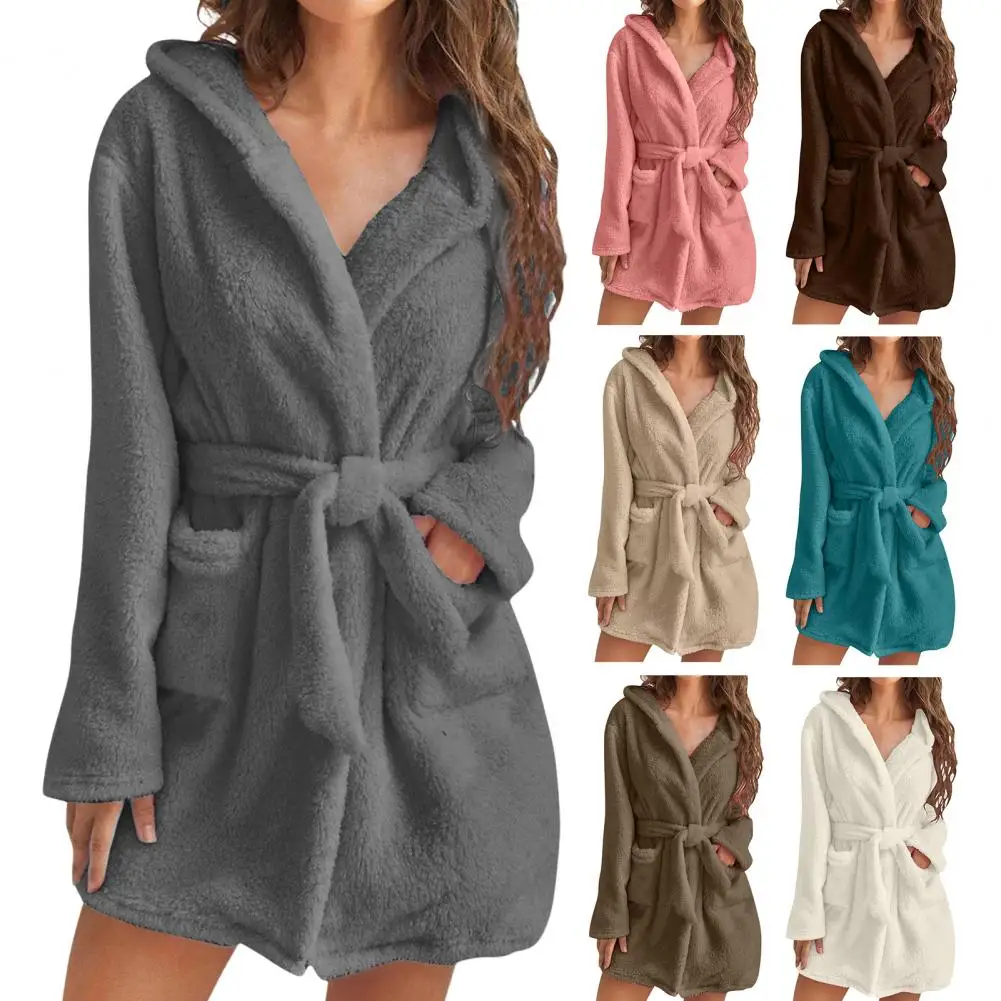 Women's Bathrobe Hooded Plush Short Robe with Belt and Pocket Long Sleeved Fluffy Nightgown