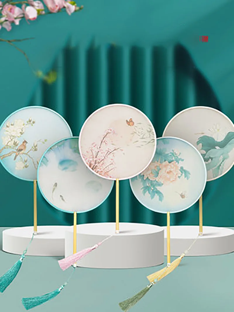 Chinese Traditional Circular Fan, Round Hand Fan, Classical, Ancient Dance Costume, Han Fu Cheongsam with Long Handle, Tassel,