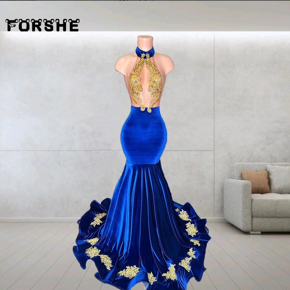 

Royal Blue Prom Dresses Mermaid Halter Neck Appliqued Mermaid Party Gowns for Girl Birthday Evening Dress Outfit