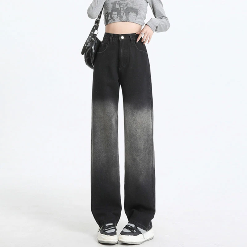 Blackand gray gradient jeans women fashion niche high-waisted trailing pants cover meat pear-shaped straight wide-leg long pants