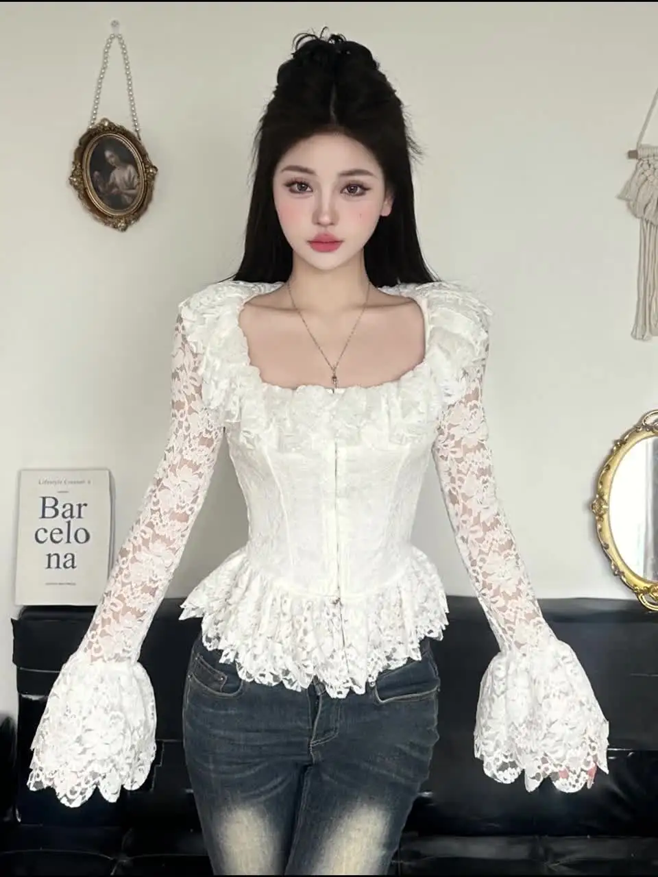 Matakawa Lace T Shirt for Women Ruffles Flare Sleeve Vintage