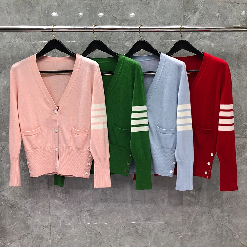 

TB THOM Women's Sweaters Classic Wool 4-Bar Milano Stitch V-Neck Cardigans Autunm Winter Fashion Brand Harajuku Casual Coats