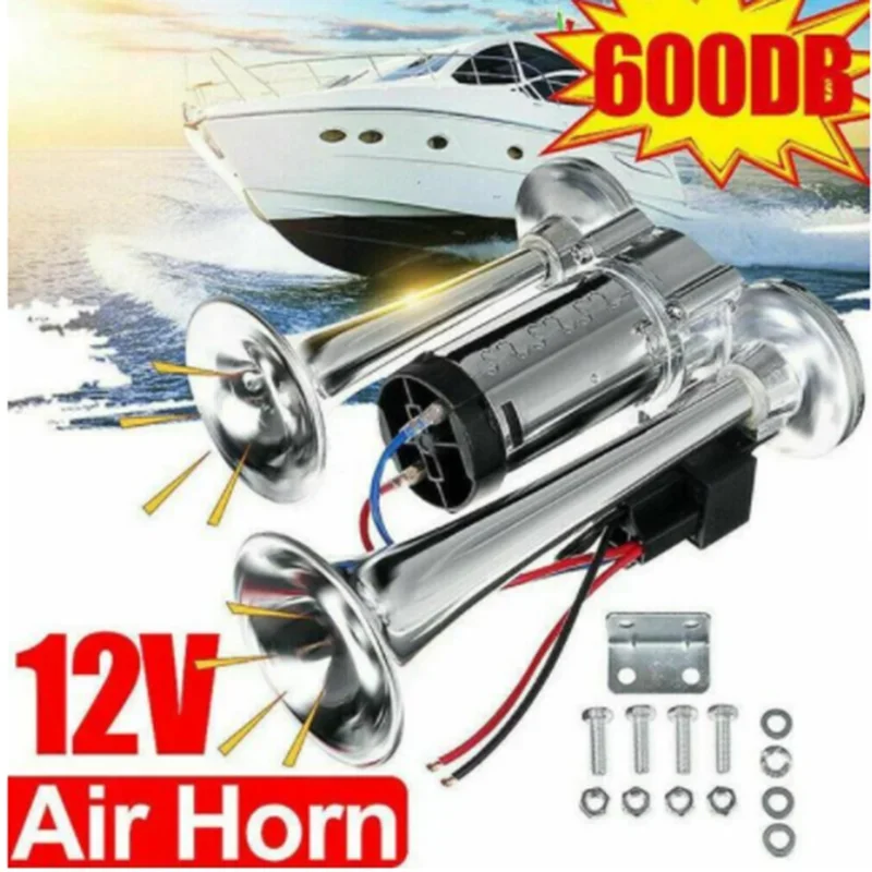 600db 12v  Dual Trumpets Super Loud Car Electric Horn Truck Boat Train Speaker Wires and Relay for Motorcycle Car Boat Truck