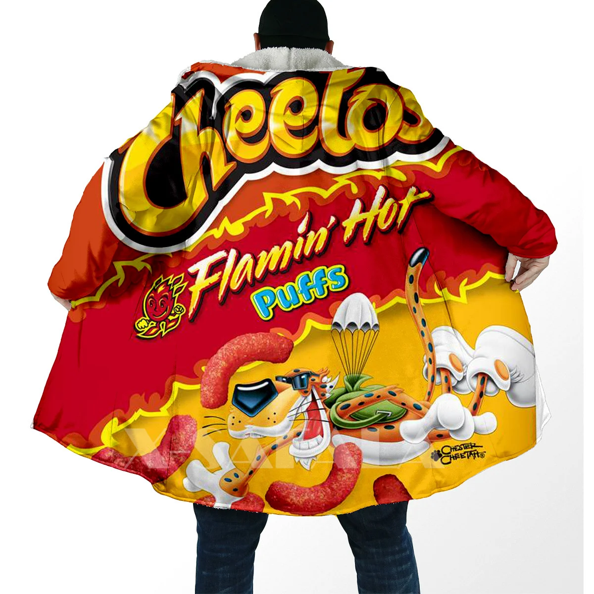 Funny Food Snack Cheetos All Over 3D Printed Thick Warm Overcoat Coat Hooded Cloak for Men Windproof Fleece Unisex Casual-3 4