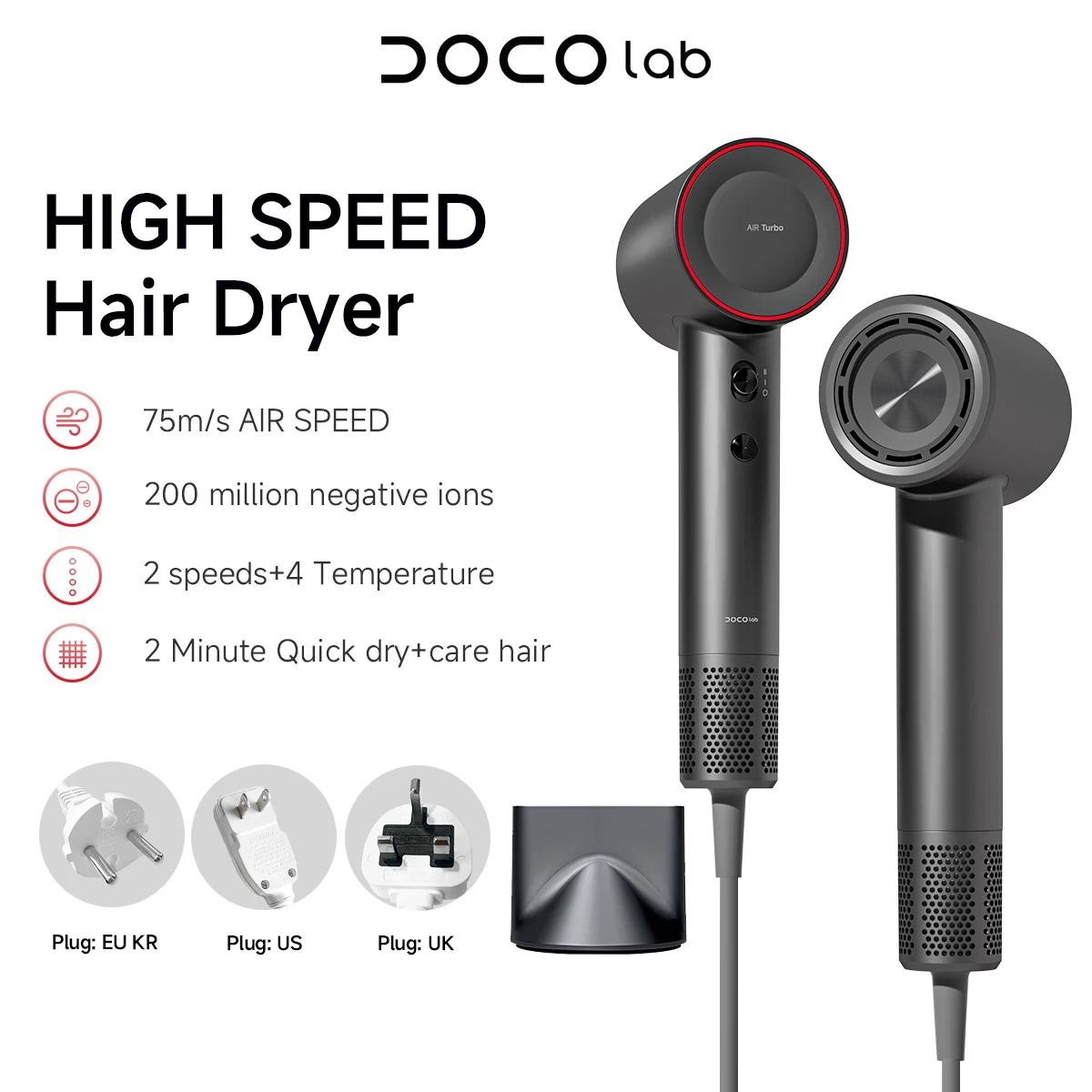 DOCO Hair Dryer High Speed 75m/s 200 million Negative Ions Hair Care 11000 Rpm Professional Lightweight Home Travel Gift 2