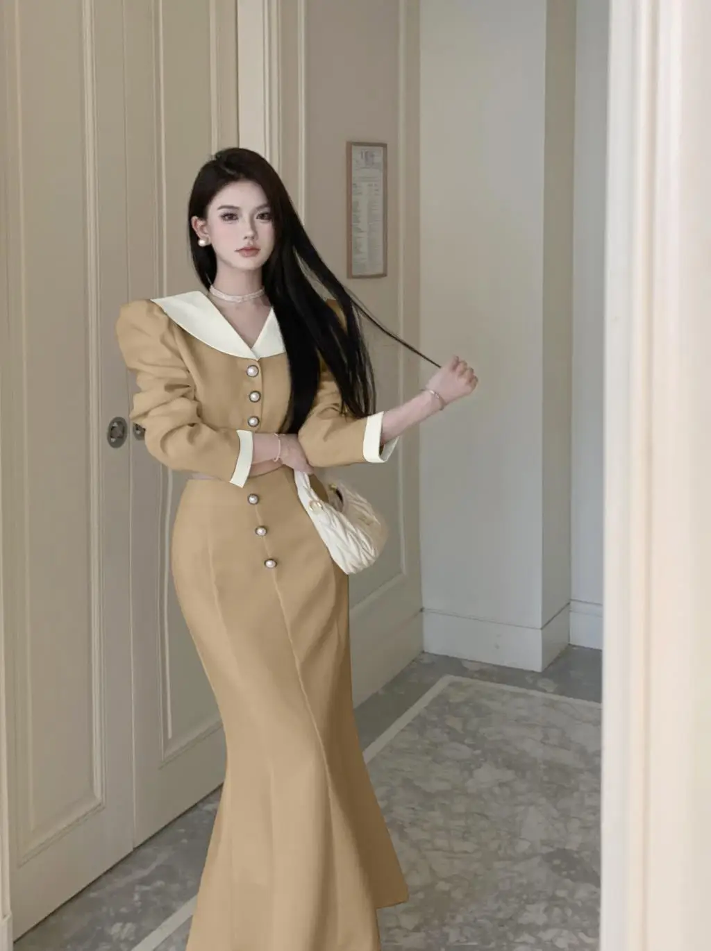 Elegant Two Piece Set Women Long Sleeves Short Coat + High Waist Mermaid Skirt Autumn Winter Solid Korean Style Patchwork Outfit