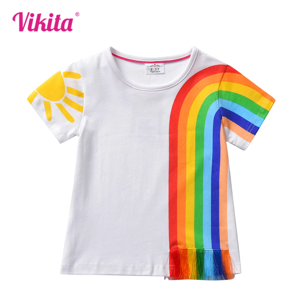

VIKITA Girls Short Sleeve Summer White T Shirt Kids Rainbow Print Tees Girls O Neck Cotton Casual Daily Tops Children Clothes