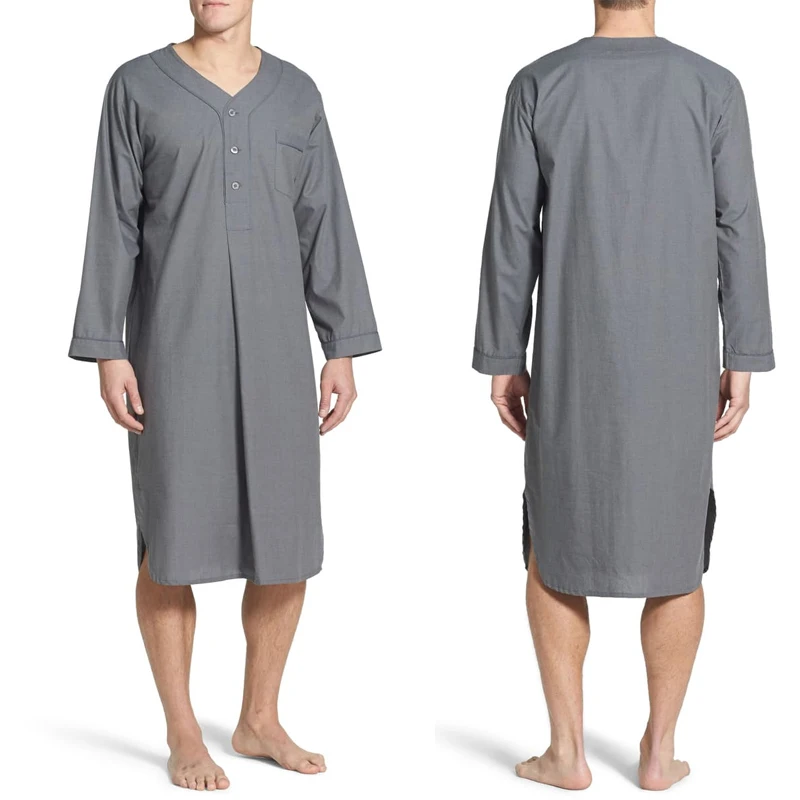 Muslim Men's Robes Spring Loose Stand Collar Long Sleeve Shirts Saudi Arab Long Kaftan Thobe Cotton Comfortable Pajamas
