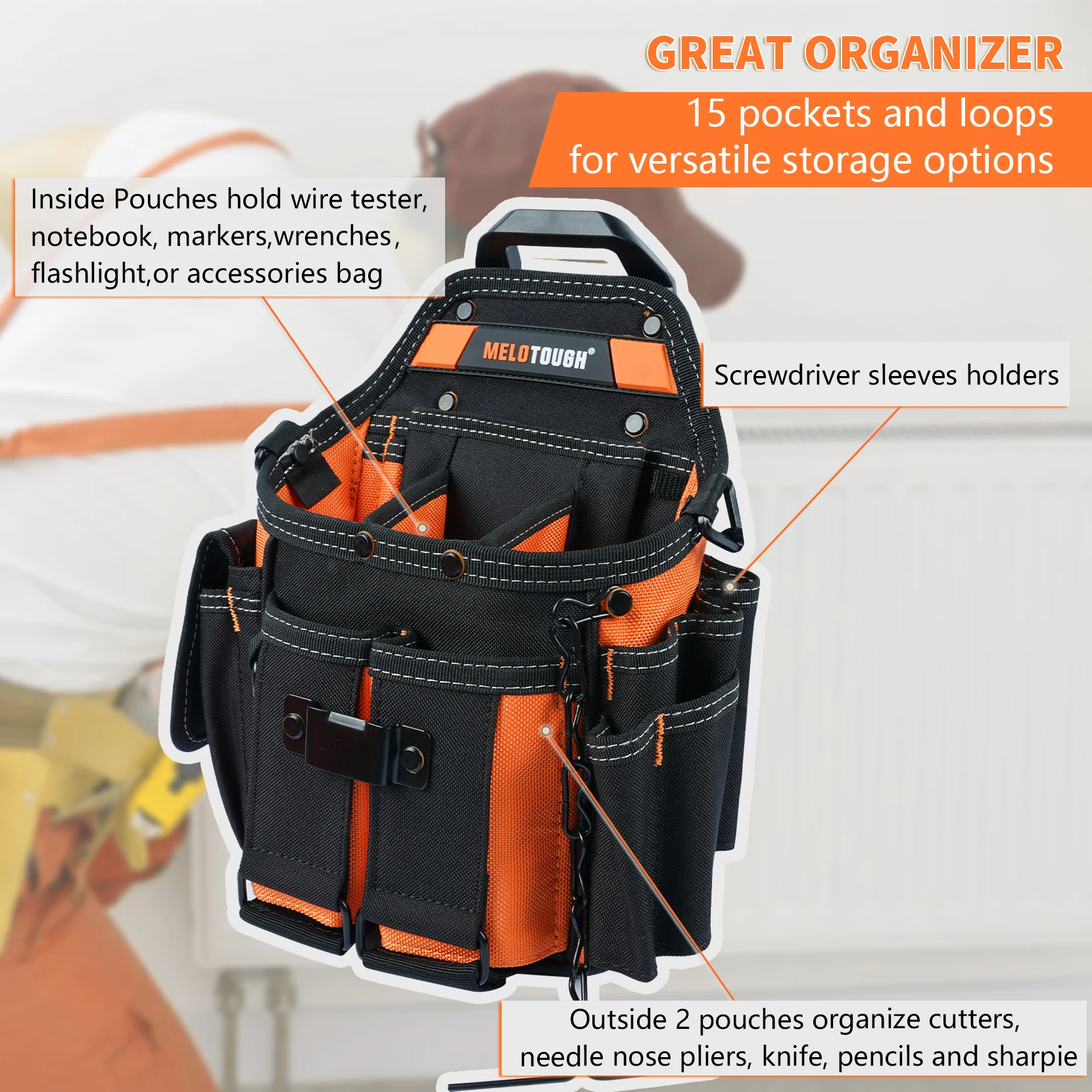 MELOTOUGH Electrician's Tool Bag with Shoulder Strap Professional 15 Compartment Tool Bag Quick Load Tool Bag 2