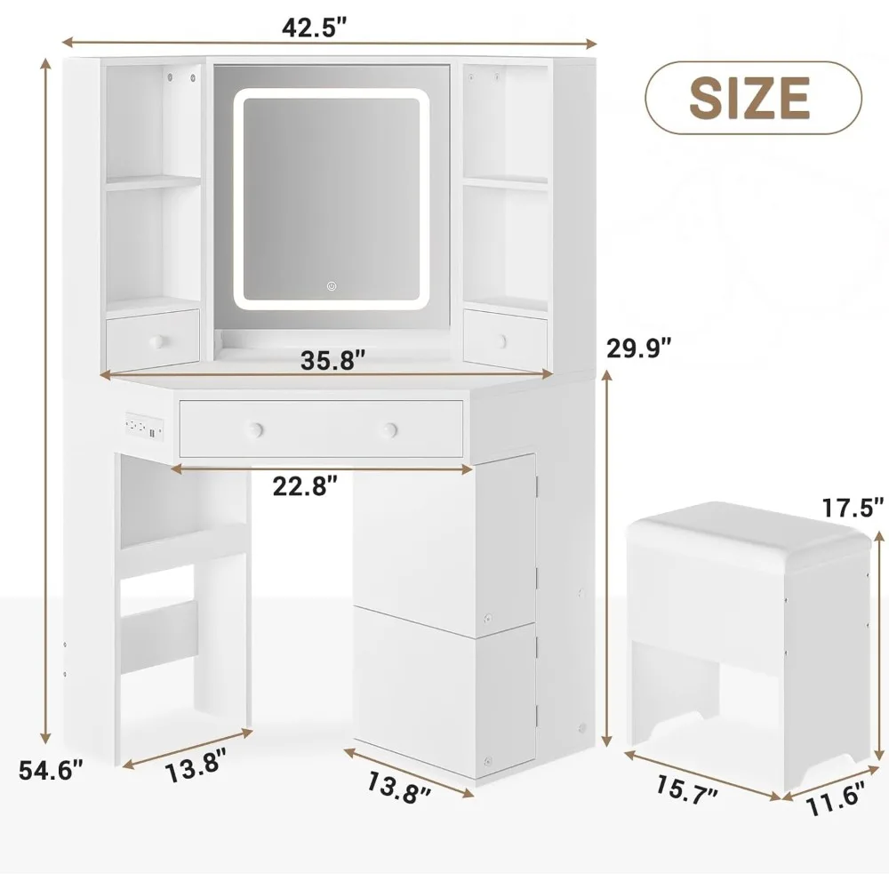 Corner Dressing Table with Light and Charging Station, Dressing Table Set with Mirror and Storage Bench 6