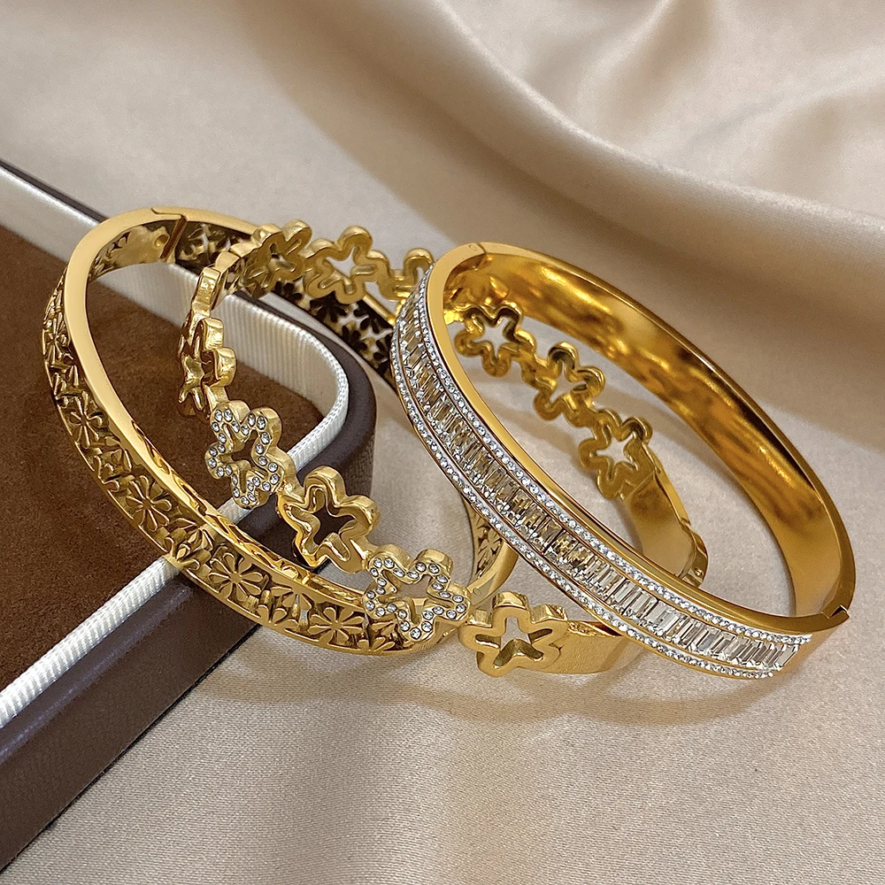 Retro Stainless Steel Hollow Flower Rhinestone Cuff Bangle Bracelet Women's Floral Waterproof Stackable Charms Jewelry Gifts