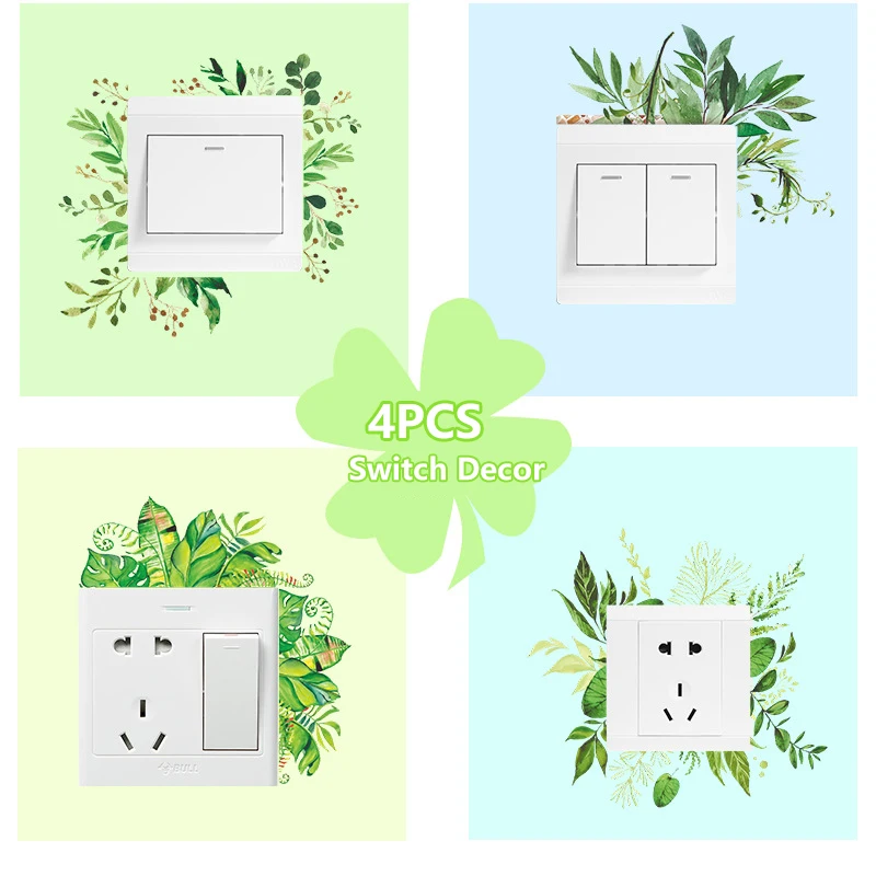 

4PCS/Set Nordic Ins Green Leaf Wall Stickers Creative Switch Socket Decorative Self Adhesive PVC DIY Square Switch Stickers