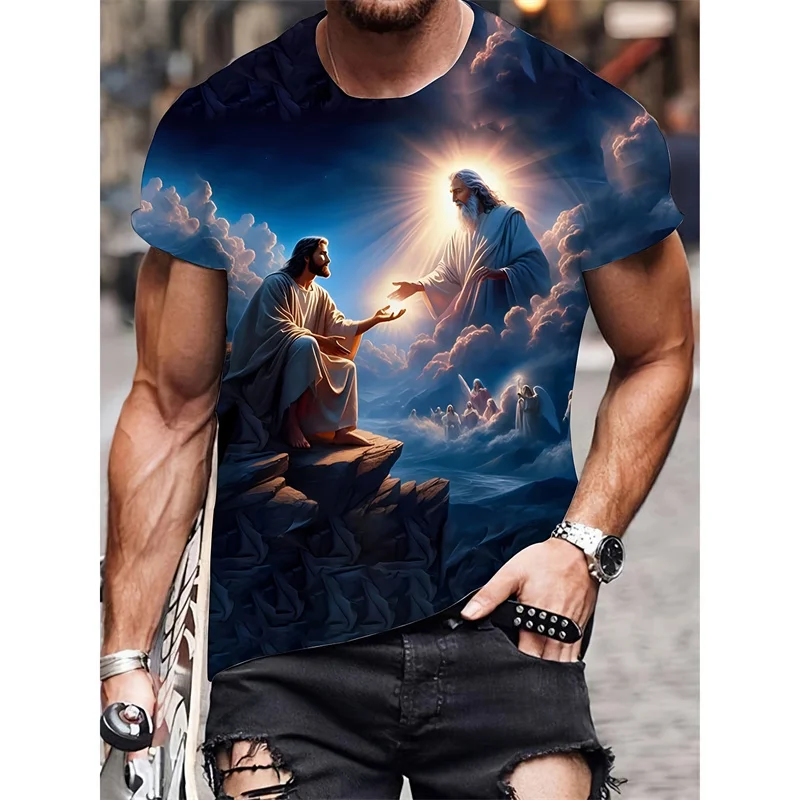Oster-Jesus-Christus-Muster T-Shirt für Herren Heilige Mutter und Sohn 3D-Druck Tees Sommer Kurzarm T-Shirts O-Ausschnitt Top Streetwear – Detail 4