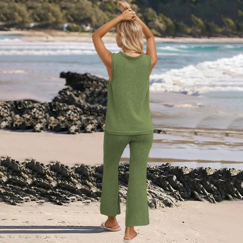 Women's Knitted V Neck Sweater and Casual Pants Two Piece Set Sleeveless Vest Wide Leg Pants Leisure Suit  Streetwear