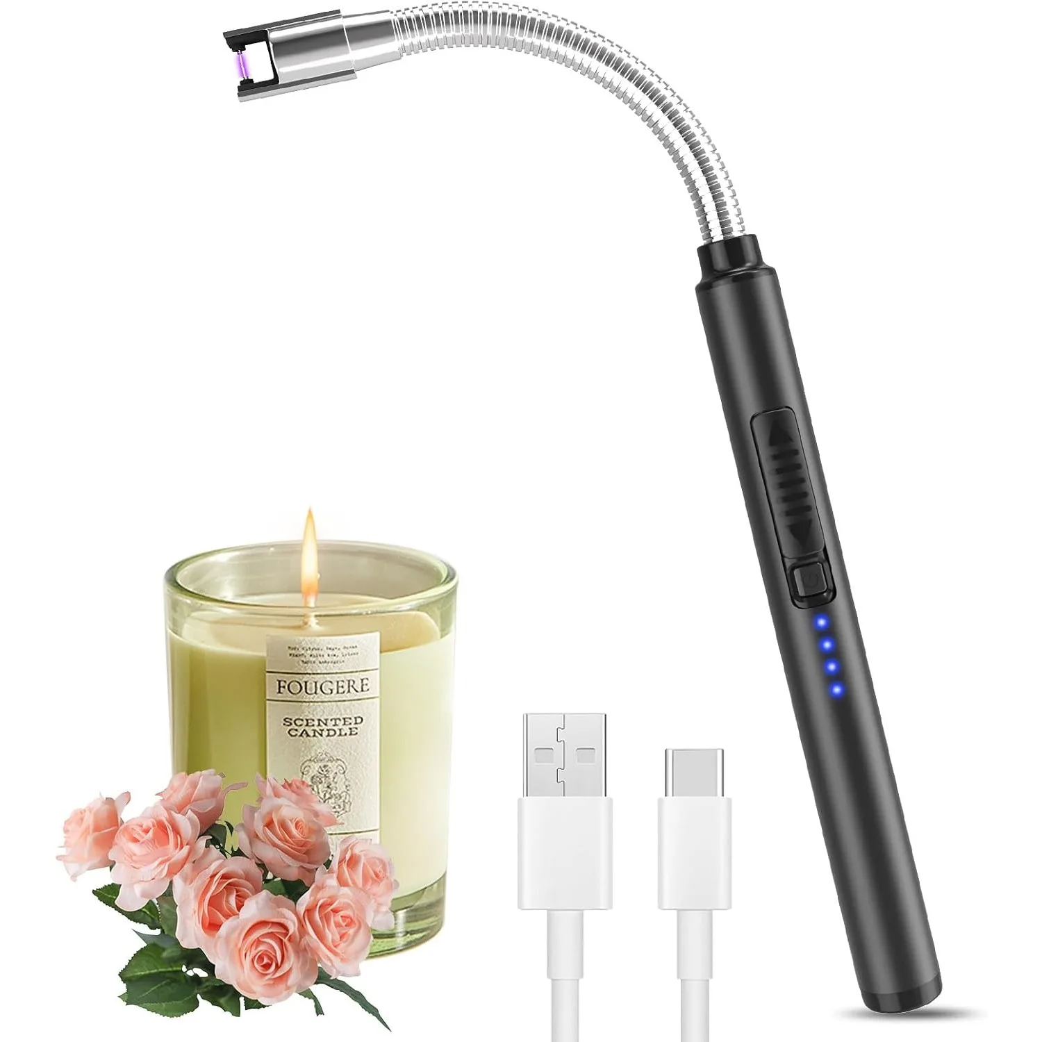 LcFun 2 Pack Candle Lighter Electric USB Rechargeable Plasma Arc Lighter With Safety Lock, Windproof Flameless Long Lighters For Candle, Grill, BBQ