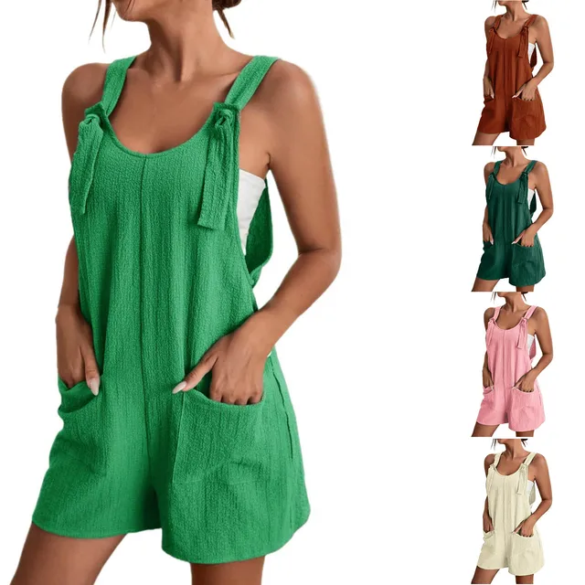 Women Boho Loose Overalls Solid Color Square Collar Playsuits Sleeveless Rompers Summer Casual Clothes Jumpsuit With Pocket 6