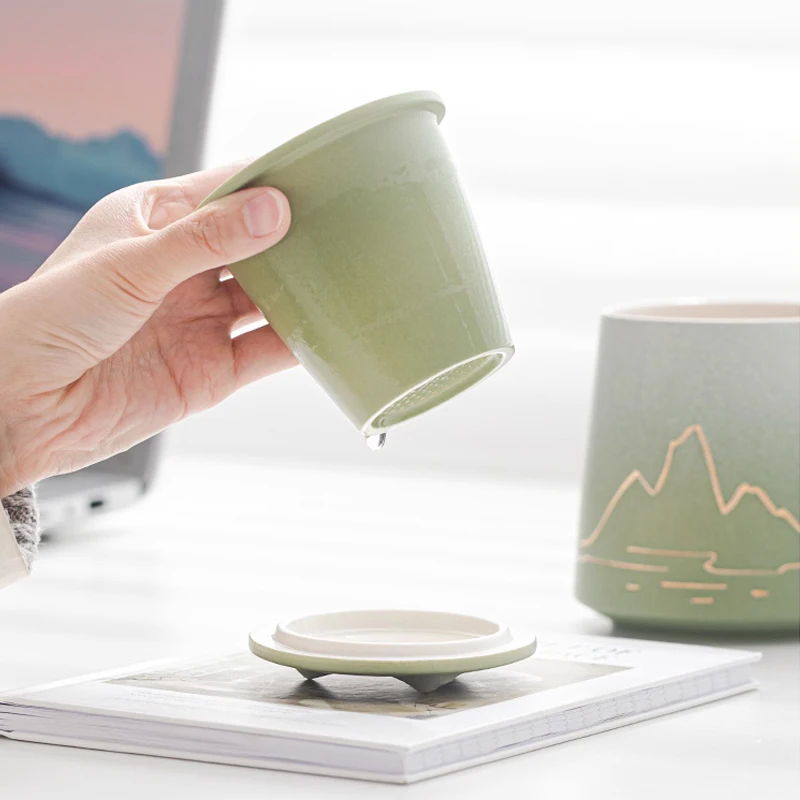 Chinese Style Ceramic Mugs, Home Personal Office Creative Teacup With Cover, Filtered Tea Water Separation, Tea Cups, 480ml, 1Pc