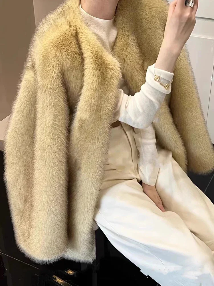 2023 Winter Clothes Imitation Fox Fur Mid-Length Colorful Coat Sweet Elegant Loose Long Sleeve High-End Thickened Furry Jackets