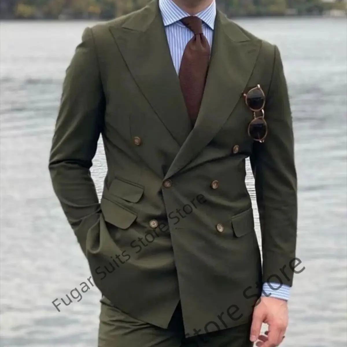 Handsome Army Green Wedding Men's clothing Slim Fit Double Breasted Groom Tuxedos 2 Pieces Sets Cool Male Blazer Ternos Masuino