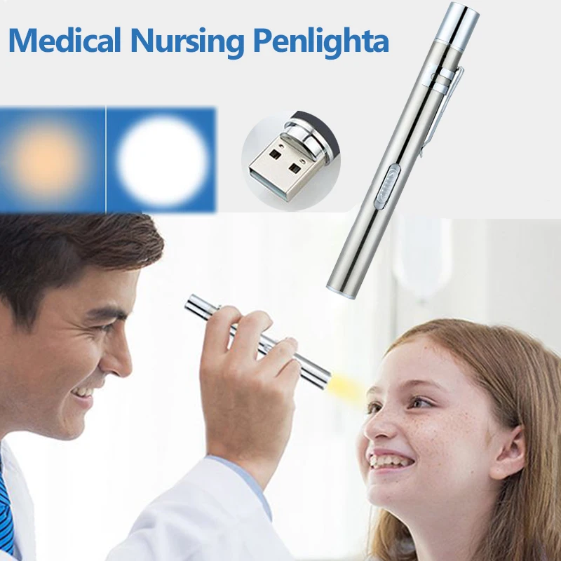 

1pc Dual Light Source LED Stainless Steel Medical Nursing Penlight Flashlight USB Built-in Rechargeable for Student Doctors