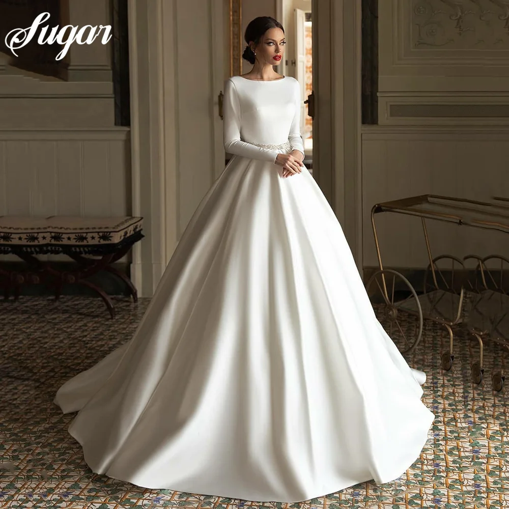 

Elegant Ivory Simple Satin Bridal Gowns Long Sleeves Open Back Vestidos De Novia 2021 Scoop Neckline Beading Belt Princess