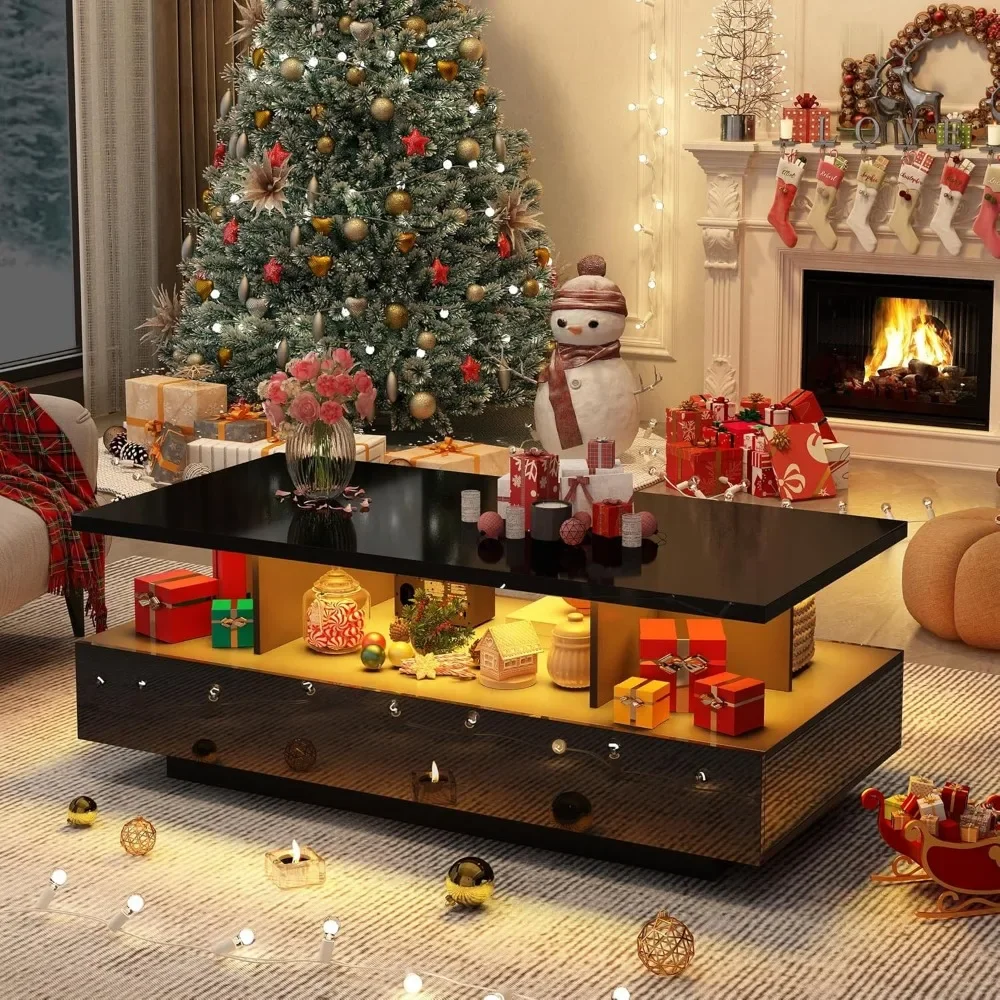 LED Coffee Table w/ 2 Storage Drawers,App Control, w/60,000-Color Lights,Rectangle 2-Tier Center Table w/Display Shelf 5