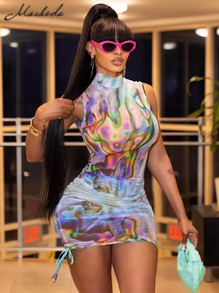 

Macheda Fashion Print Bodycon Dress Women Summer Sexy Sleeveless Ruched Shirring Party Club Evening Mini Dresses Vestidos