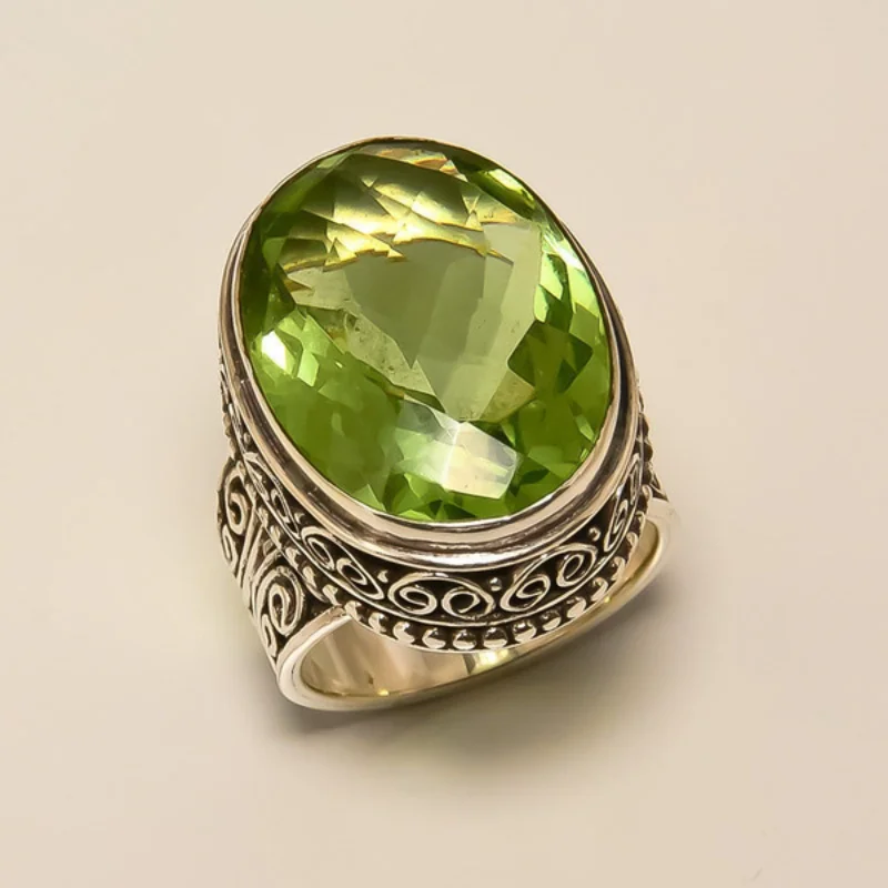 LMDPRAJAPATIS Anillo De Aniversario De Plata Alemana Con Piedra Peridoto De 7,25 Quilates Para Hombres Y Mujeres, Piedra Preciosa, Peridoto