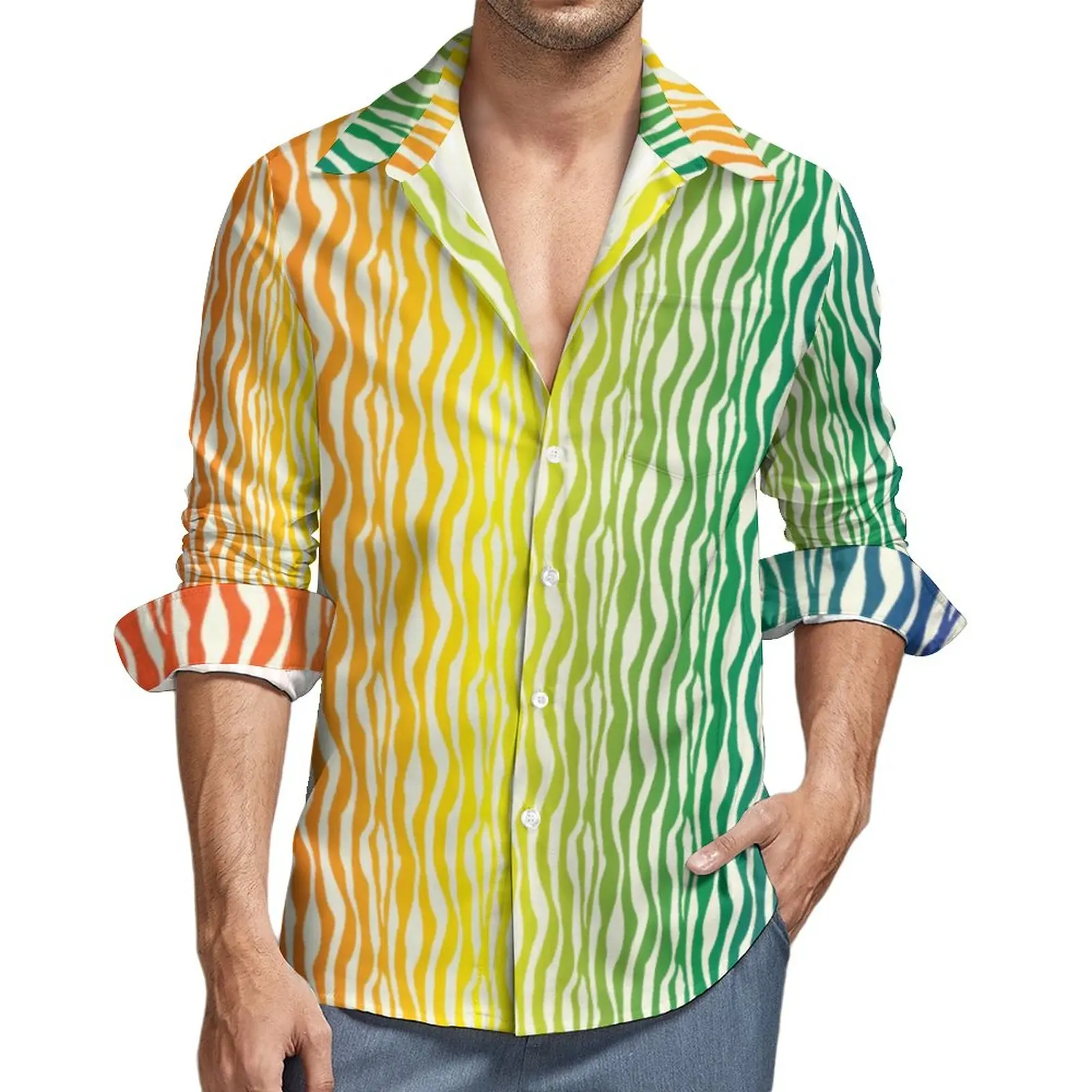 

Colorful Zebra Casual Shirts Man Rainbow Stripes Shirt Long Sleeve Vintage Aesthetic Blouses Spring Graphic Tops Plus Size 4XL