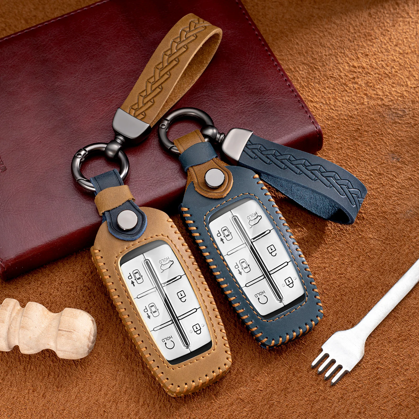 

For Hyundai Genesis Crazy Horse Leather Car Key Cover Case G80 GV70 GV80 2019 2020 Remote Key Holder Car Accessories Keychain
