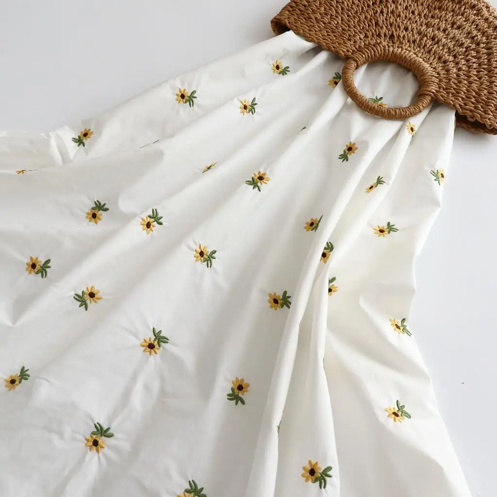 

Pure White Cotton Cloth Sunflower Embroidery Pure Cotton Cloth Dress Shirt Women's Fabric Girls' Dress Fabric